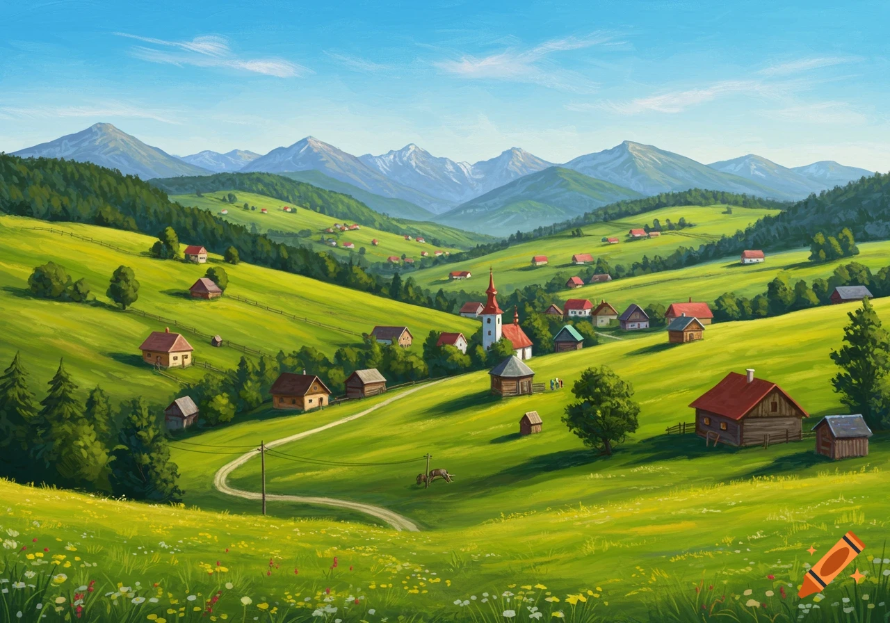 A vibrant painting of a village nestled in a lush green mountain valley with a winding path and a church under a clear blue sky.