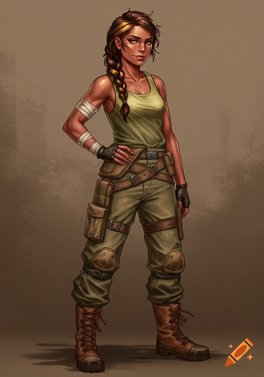 An illustrated full-body portrait of a strong woman with dark skin and braided hair, wearing a green tank top, cargo pants, and boots, with bandages on her arm.