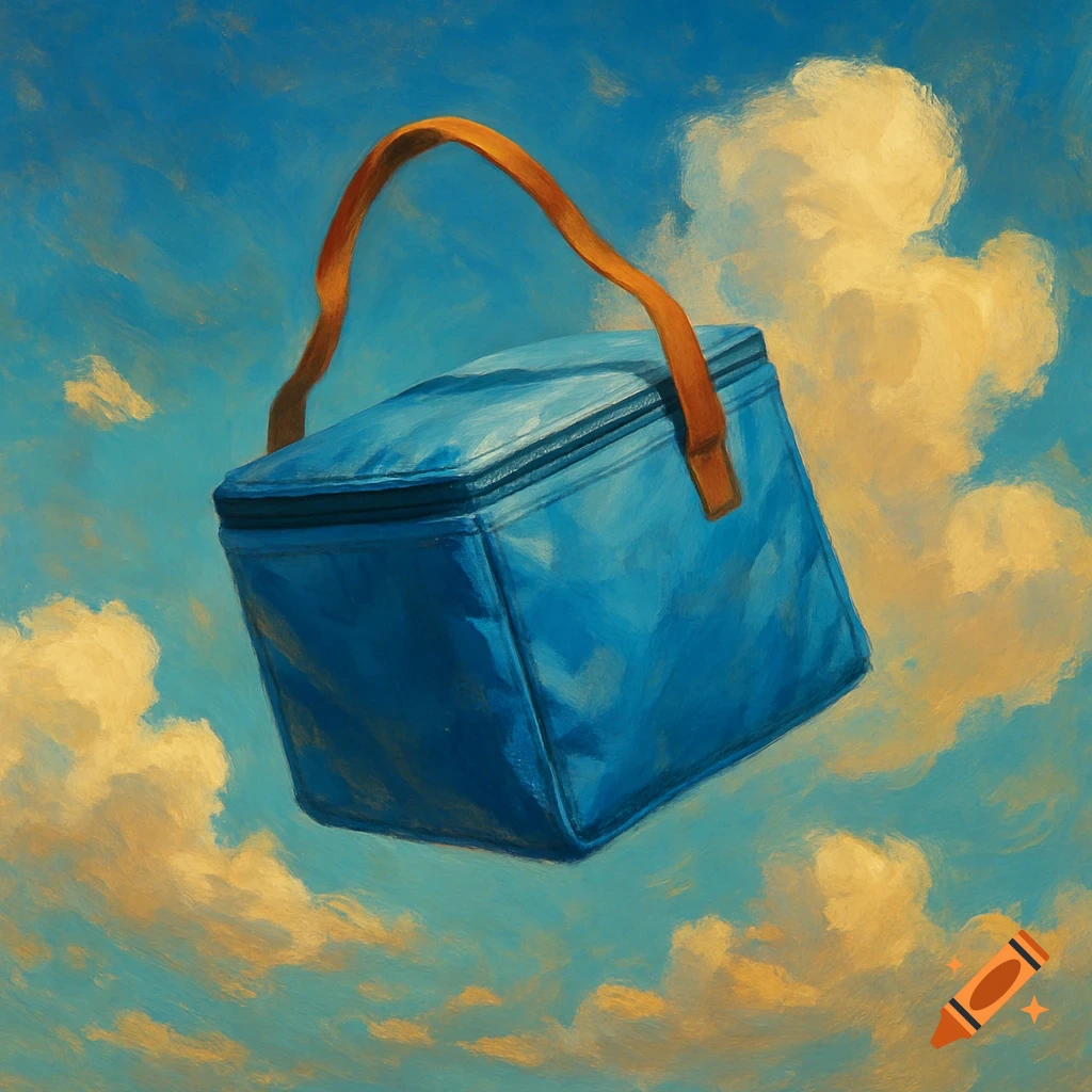A blue soft cooler bag with a brown handle floats against a vibrant blue sky filled with fluffy golden and white clouds, in an oil painting style.