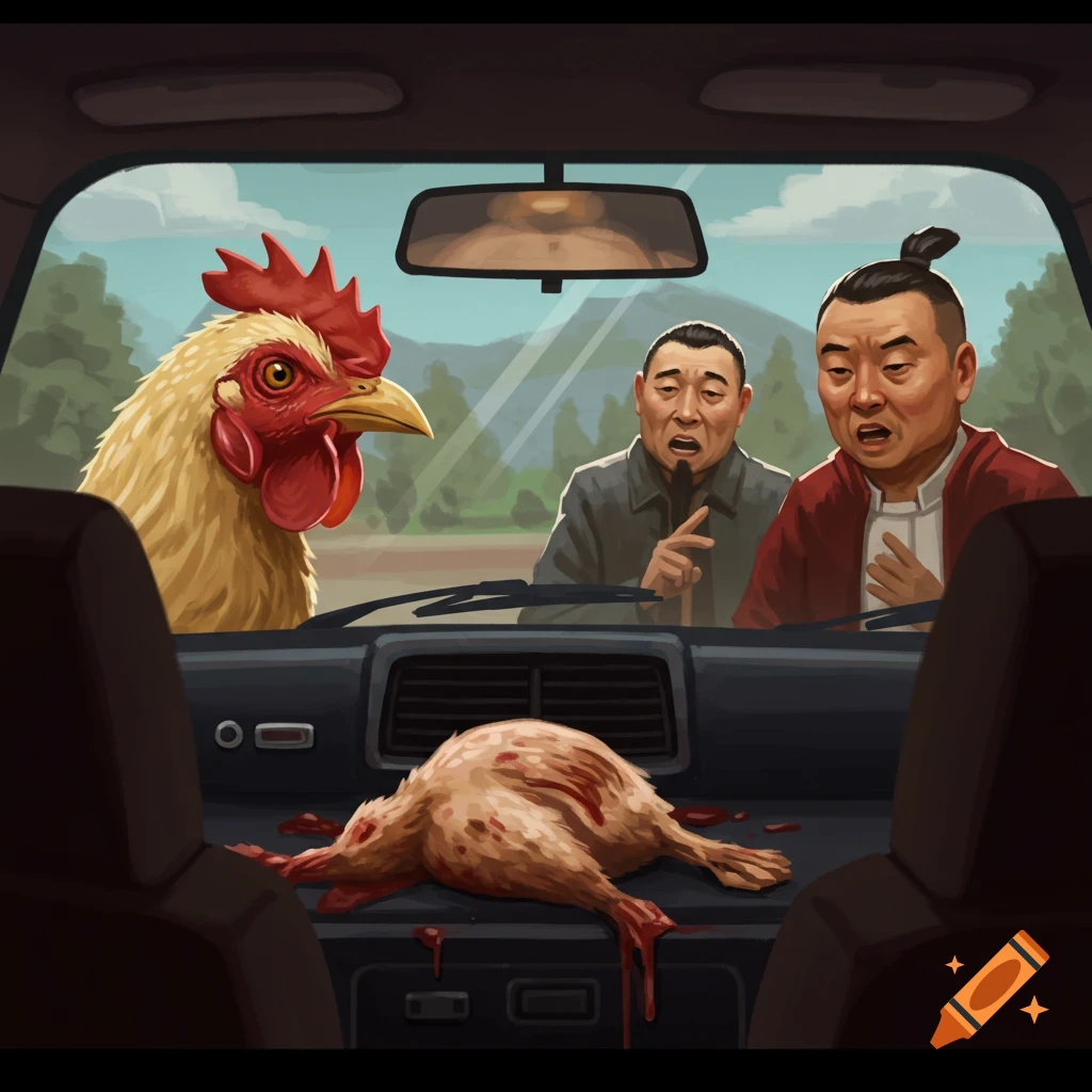 An illustration from inside a car showing two surprised Asian men outside the windshield looking at a giant chicken. On the dashboard, a bloody, dead chicken lies.