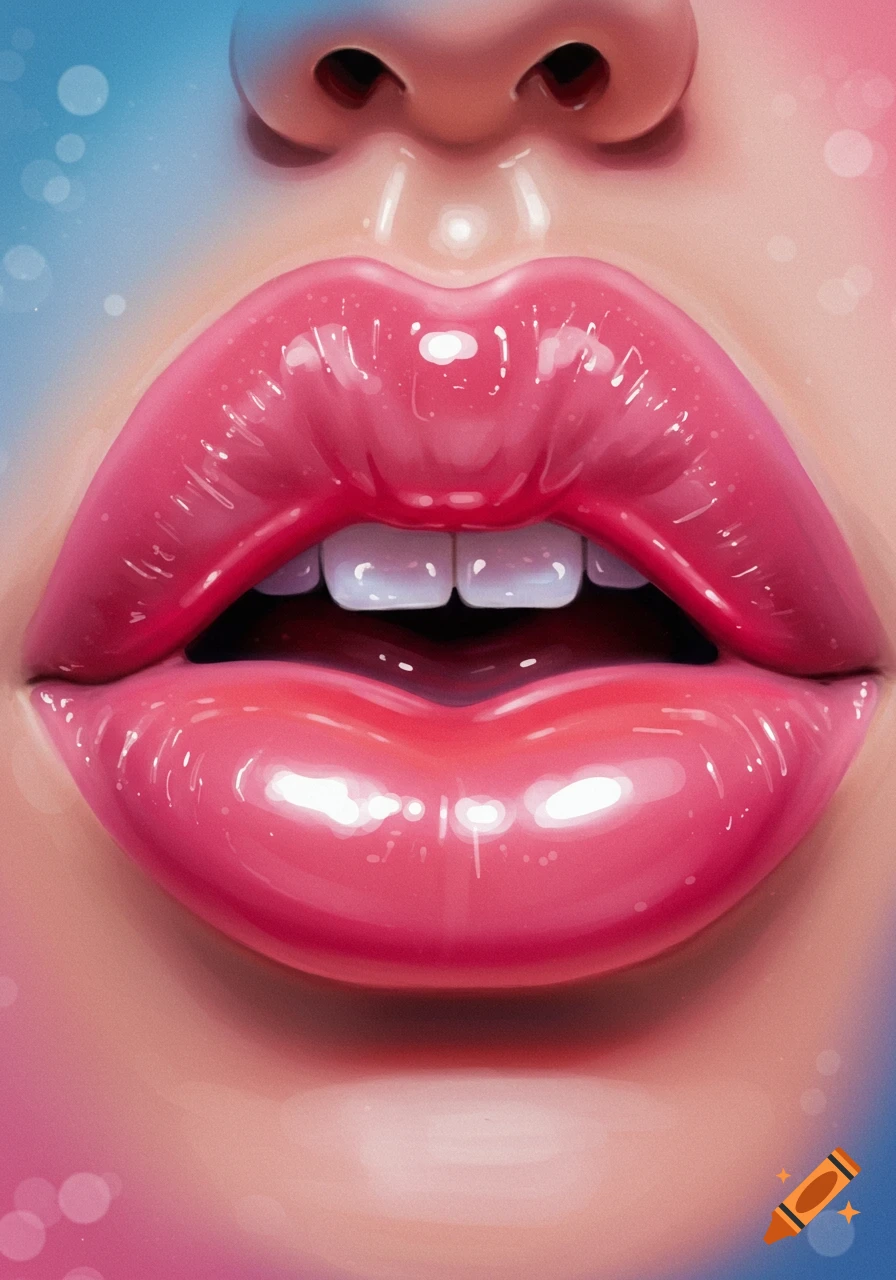 Close-up digital illustration of large, glossy pink lips and a partial nose, with white teeth visible inside the mouth. The background is a blurred blend of blue and pink with soft light bokeh.