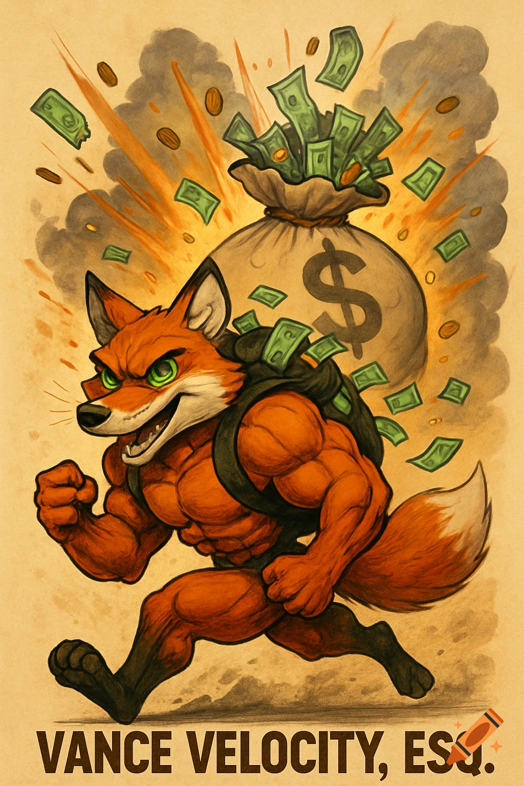 A muscular orange-red fox with green eyes runs determinedly as a money bag explodes with cash behind it. Text: "VANCE VELOCITY, ESQ.".
