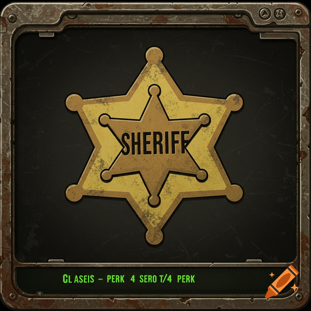 A Fallout 4 style icon featuring a distressed golden sheriff's star badge with 'SHERIFF' text on a dark, scratched background surrounded by a rusty metal frame.