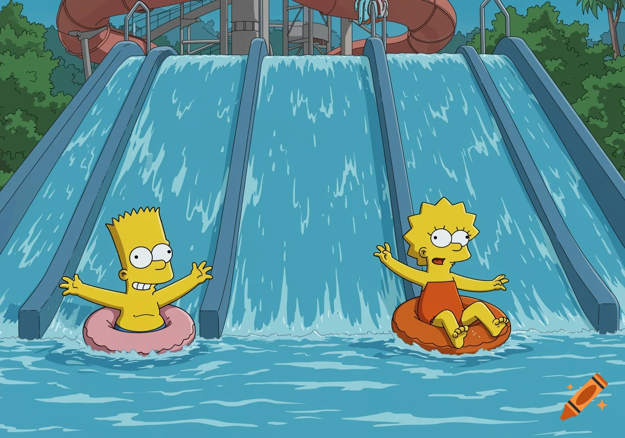Bart and Lisa Simpson float in inner tubes at a waterpark, with water slides behind them in a cartoon style.