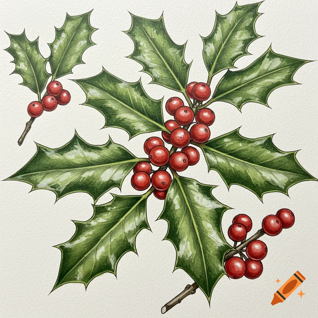 Detailed illustration of holly leaves with red berries on a light background.