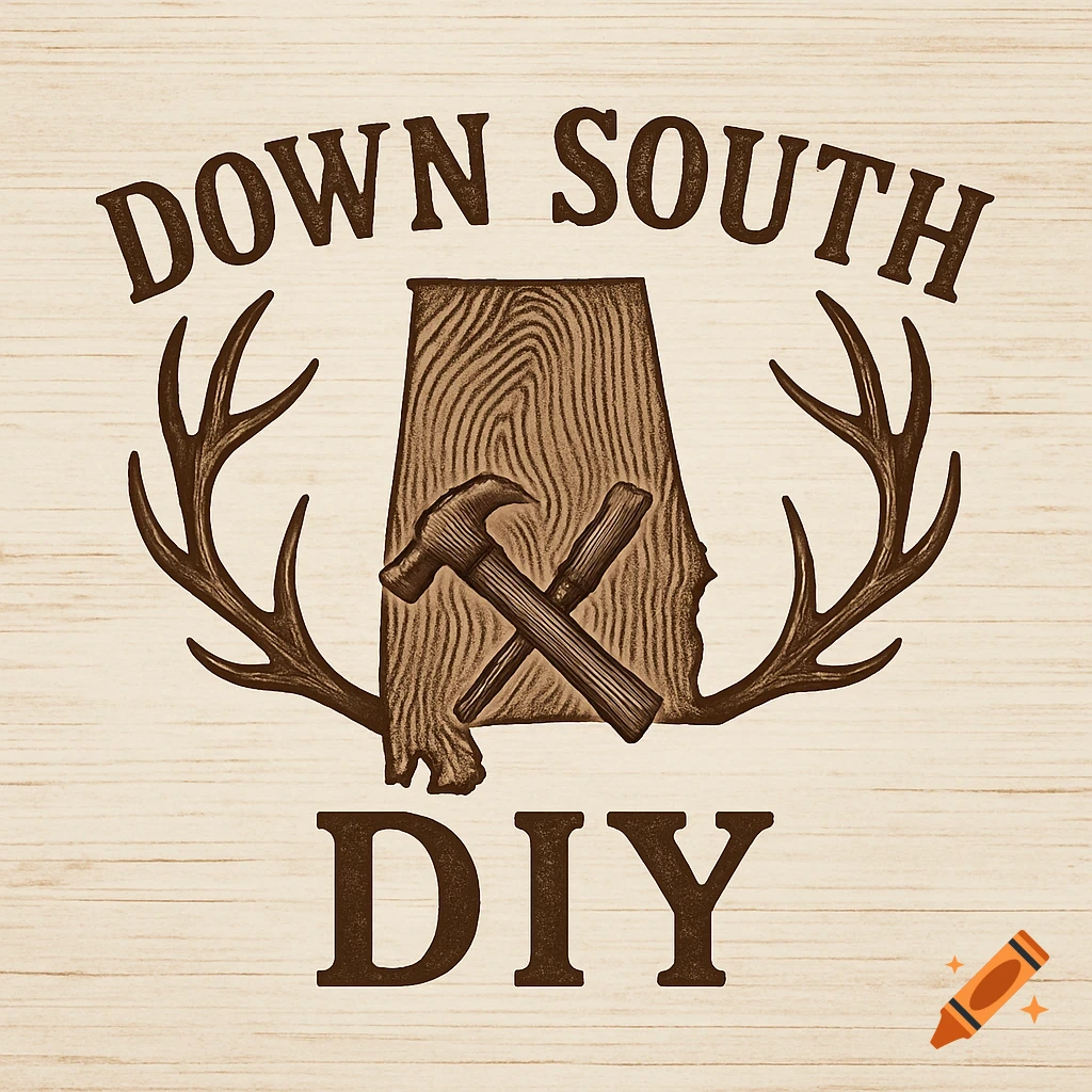 A rustic logo for 'Down South DIY' with Alabama state outline, wood grain, crossed tools, and deer antlers on a wood background.