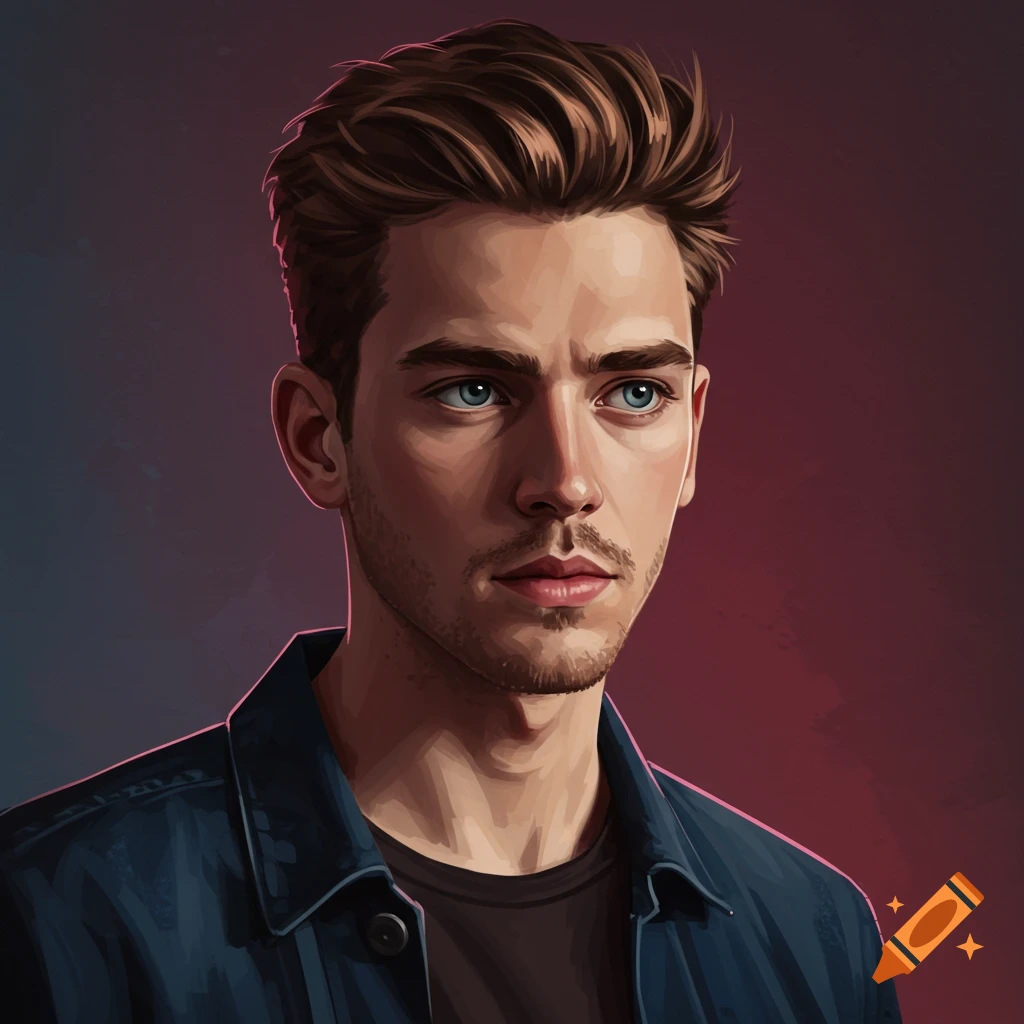 Digital painting of a young man with brown hair and blue eyes, wearing a dark shirt and blue jacket, looking slightly to the right.