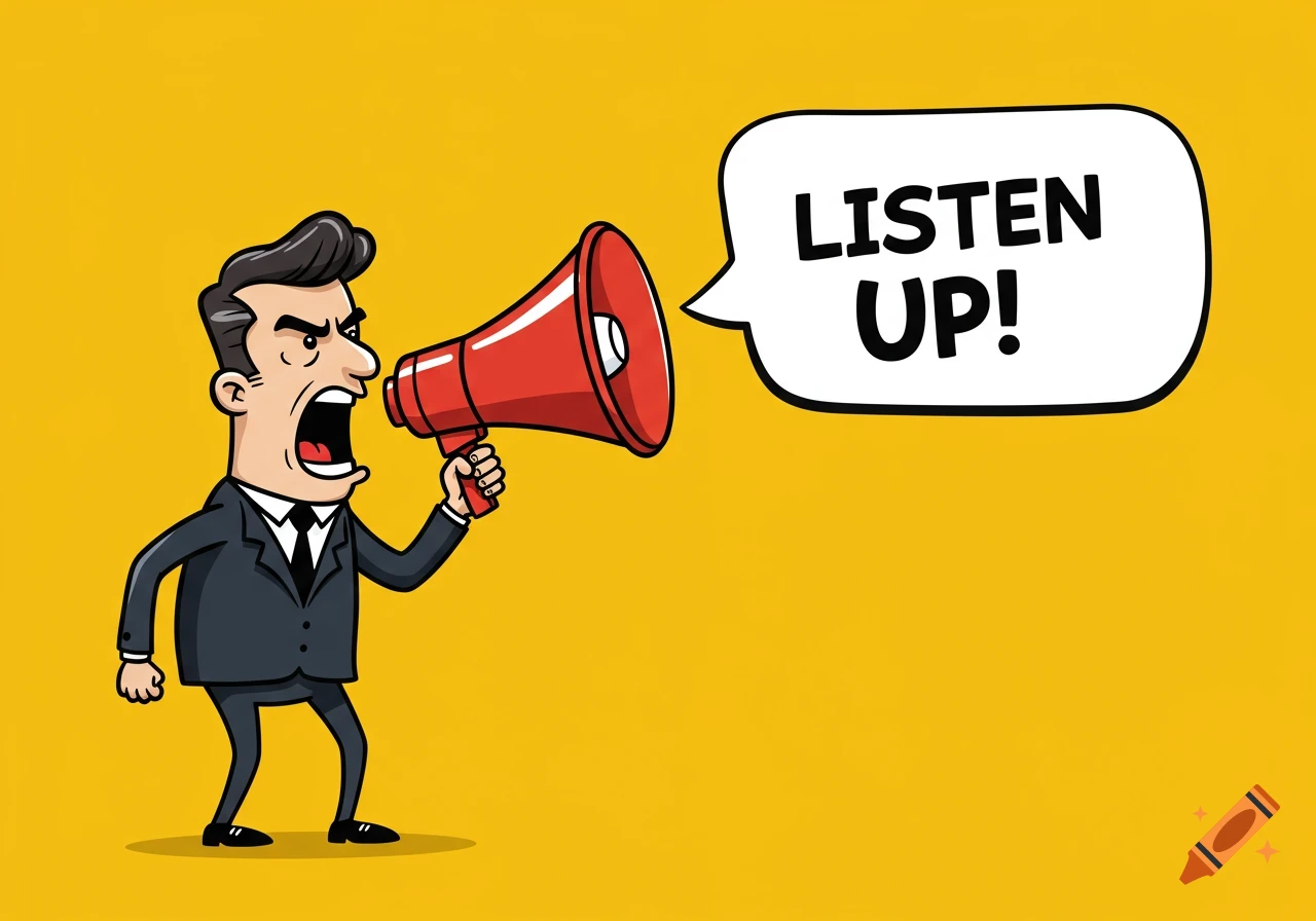 A cartoon illustration of an angry business executive in a suit shouting 'LISTEN UP!' into a red megaphone on a yellow background.