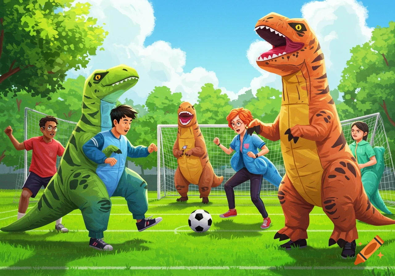 Cartoon illustration of people in green and orange inflatable dinosaur costumes playing soccer on a grassy field with goalposts.