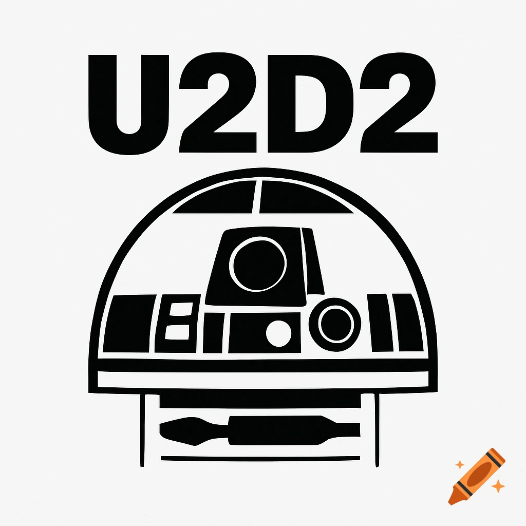 Black and white minimalist logo featuring the text 'U2D2' above a stylized R2D2 droid head.