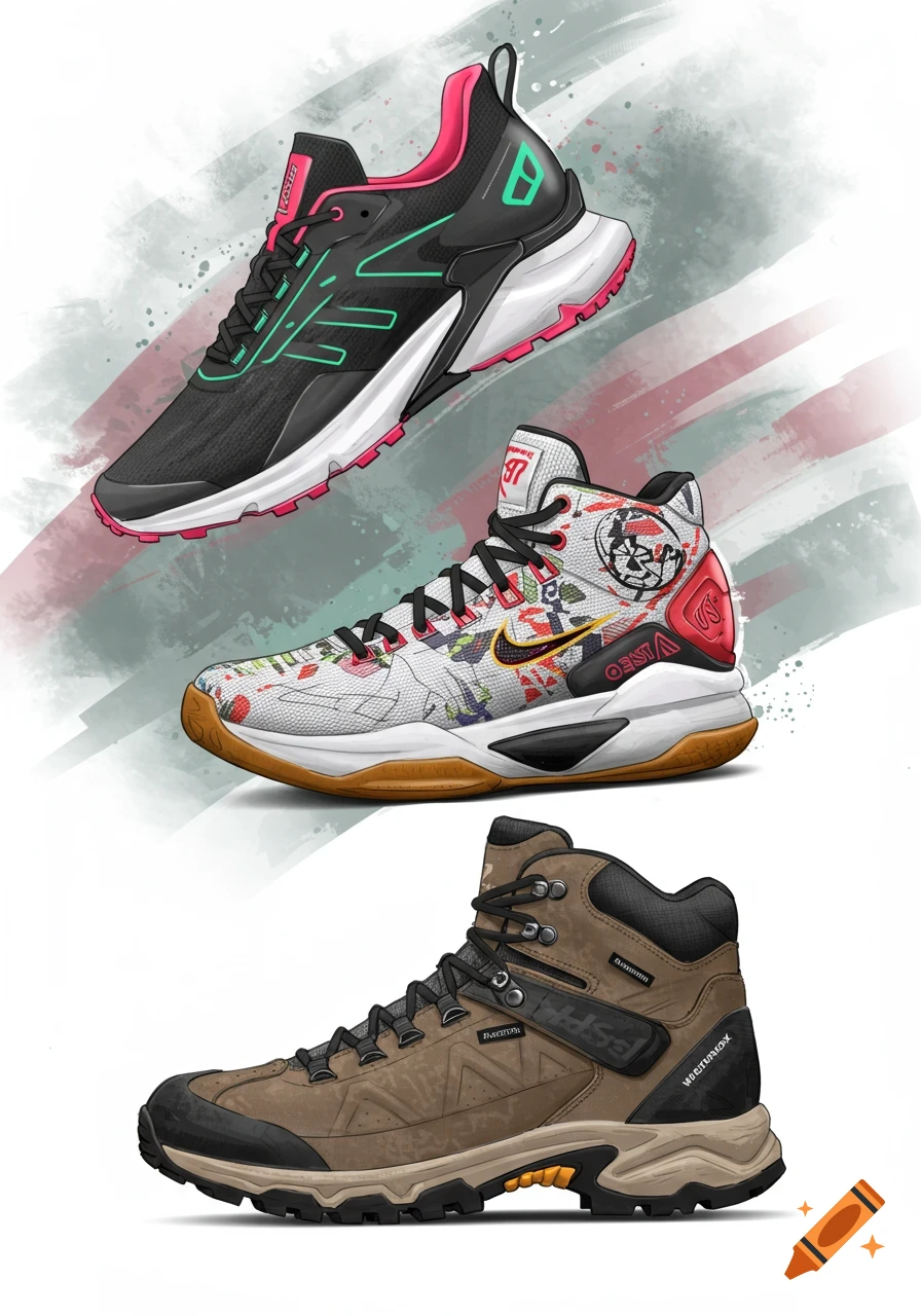 Three detailed illustrations of shoes: a black and pink athletic shoe, a white and multi-colored high-top sneaker with a Nike swoosh, and a brown hiking boot.