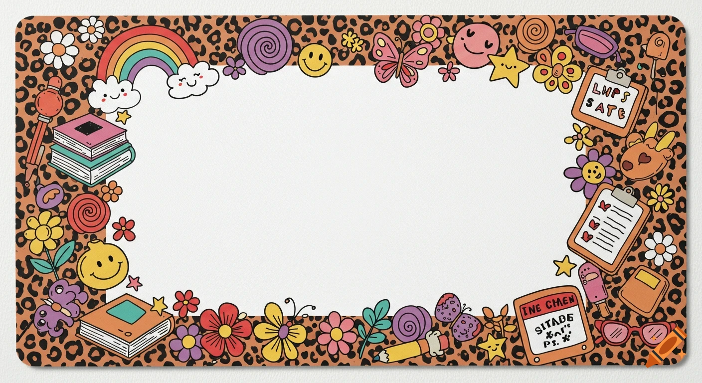A horizontal desk mat design featuring a doodle-style leopard print border with colorful hand-drawn illustrations of rainbows, books, flowers, and smiley faces around a clean white center.