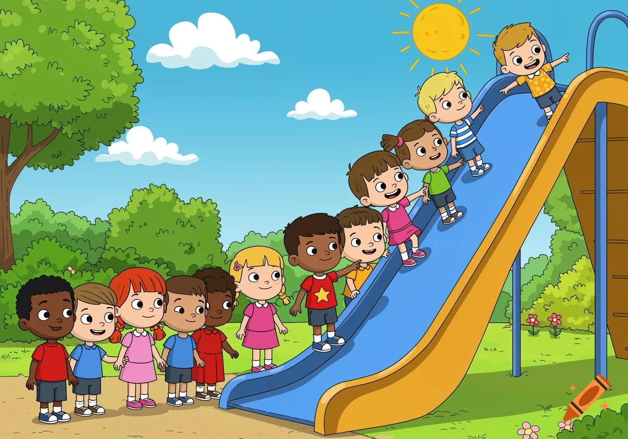 A cartoon illustration of diverse children waiting in line to go up a blue and yellow slide on a sunny playground.