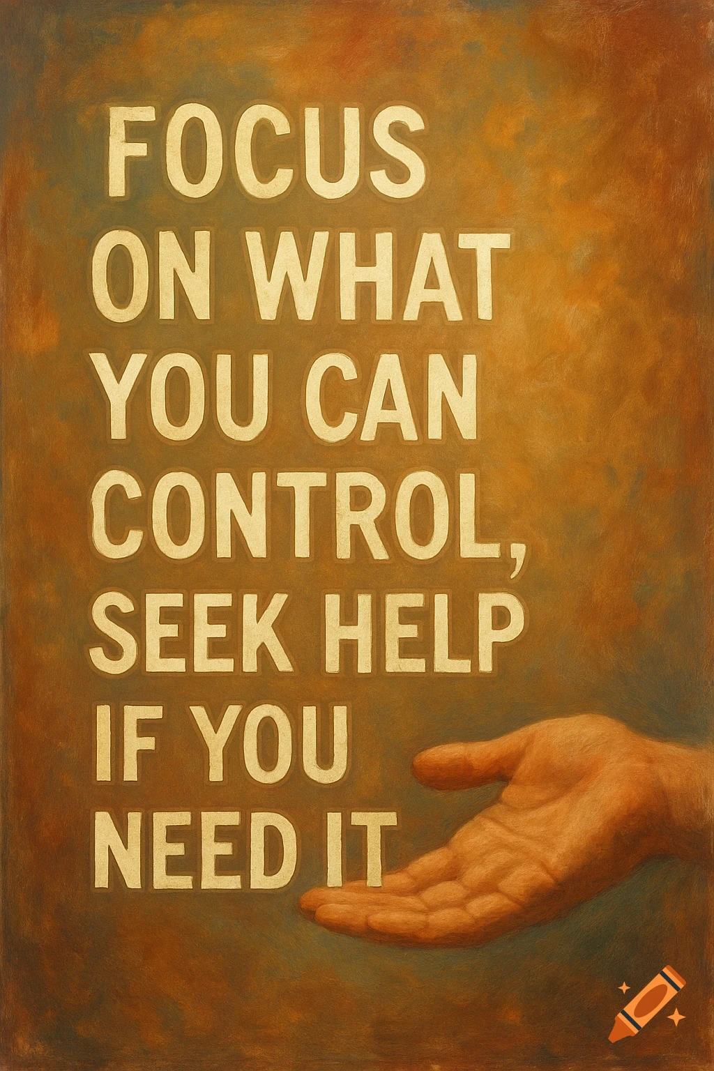 A motivational poster with the text 'FOCUS ON WHAT YOU CAN CONTROL, SEEK HELP IF YOU NEED IT' and an open hand, in a painterly style.