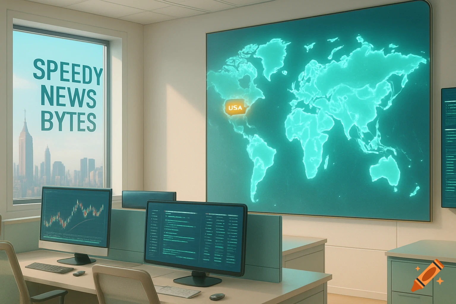 A modern newsroom with computers, a large glowing world map with USA marked, and a window view of a city skyline with 'Speedy News Bytes' text.