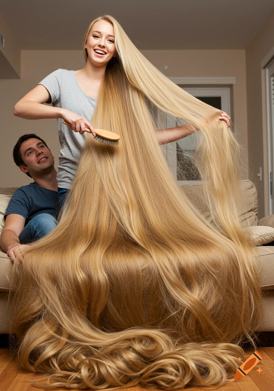 Photorealistic image of a smiling woman brushing her very long blonde hair, which extends over a couch and floor, as a man watches.