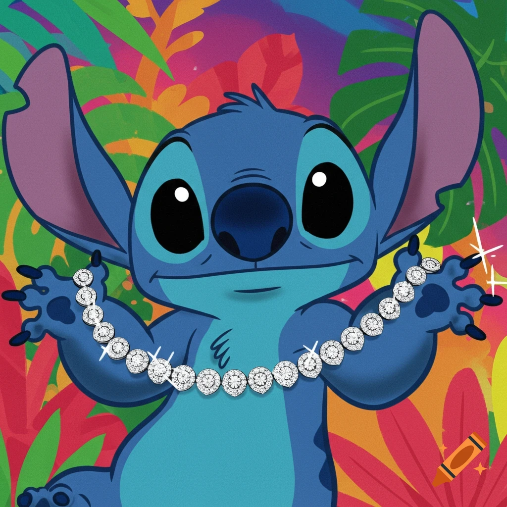 Blue cartoon character Stitch holding a sparkling diamond chain against a vibrant tropical background.