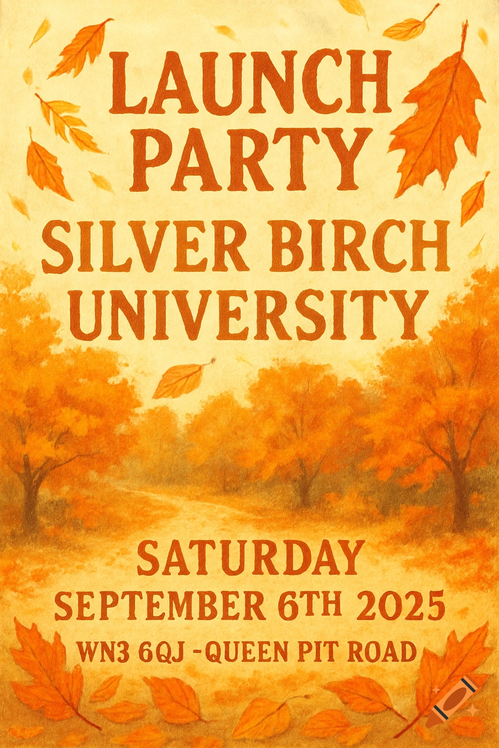 An autumn-themed event flyer for a Silver Birch University launch party, with orange fall leaves and trees.