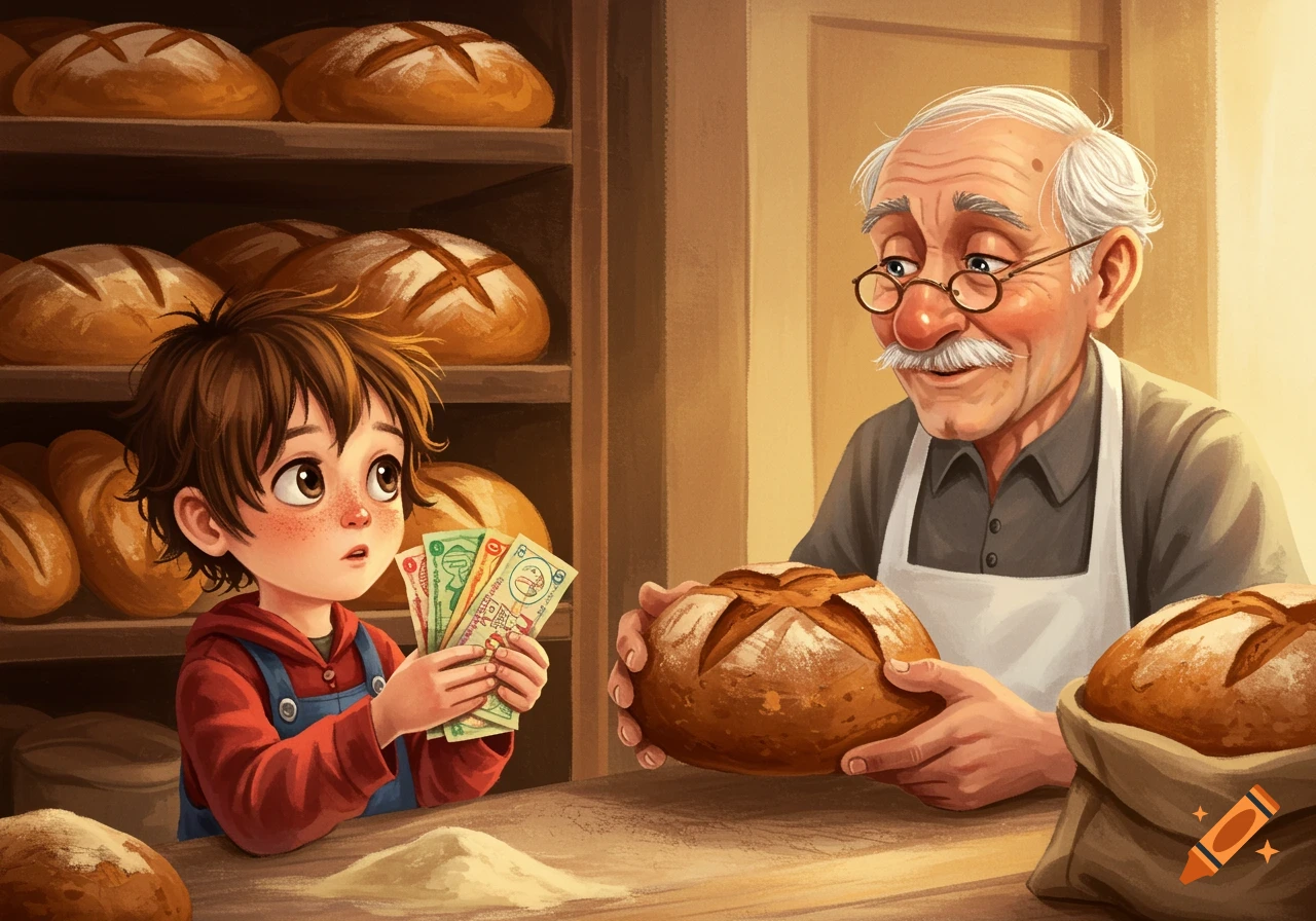 A child holding unrecognizable currency exchanges a loaf of bread with an old baker in a warm-toned, cartoon style.