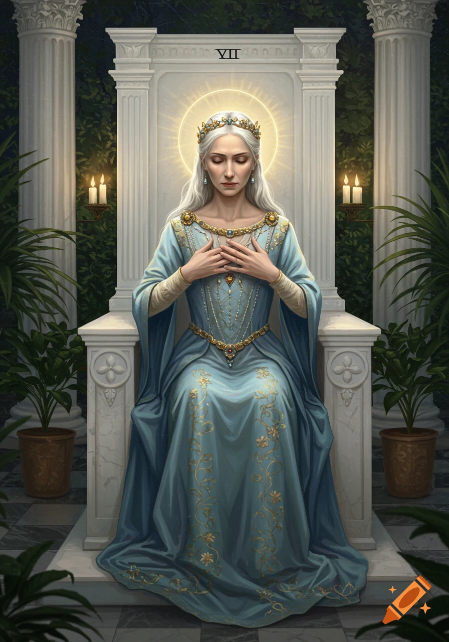 A classical painting of a woman with white hair and a halo, wearing an intricately embroidered light blue robe, sitting meditatively on a white stone throne in a lush garden.