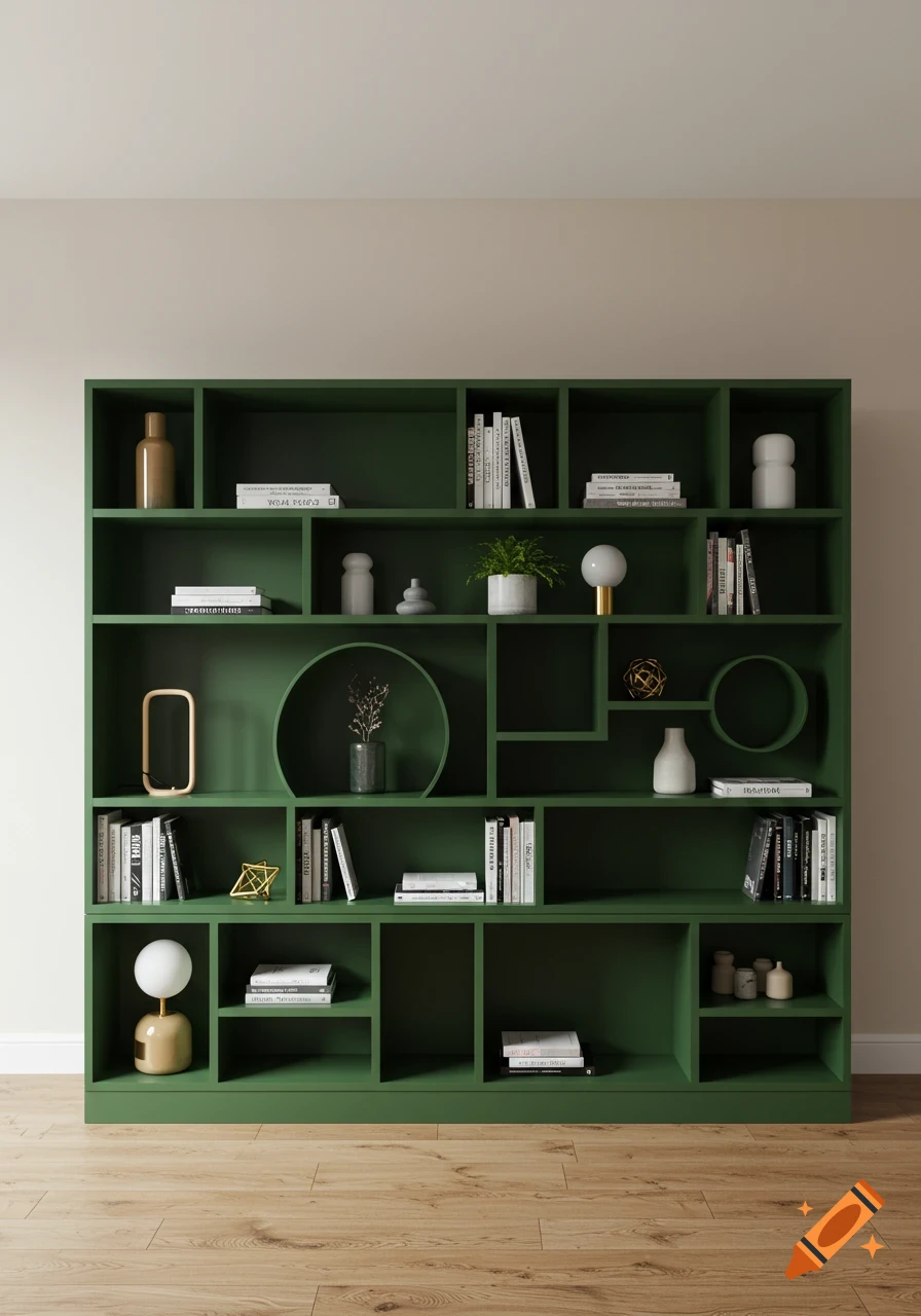 A photorealistic image of a forest green bookcase with various-sized shelves holding books, lamps, and plants, set against a warm white wall.