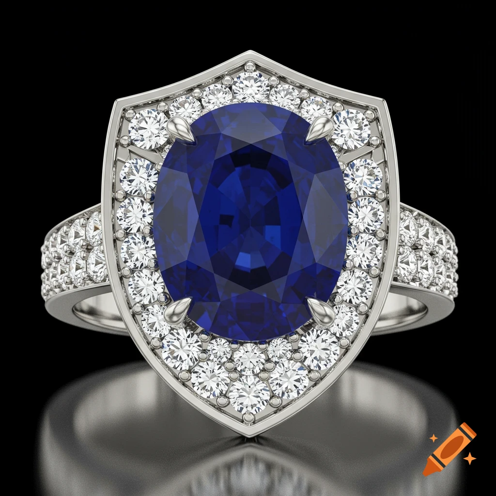 A white gold ring featuring a large oval sapphire surrounded by smaller round diamonds, set within a shield-shaped emblem, on a reflective black surface.