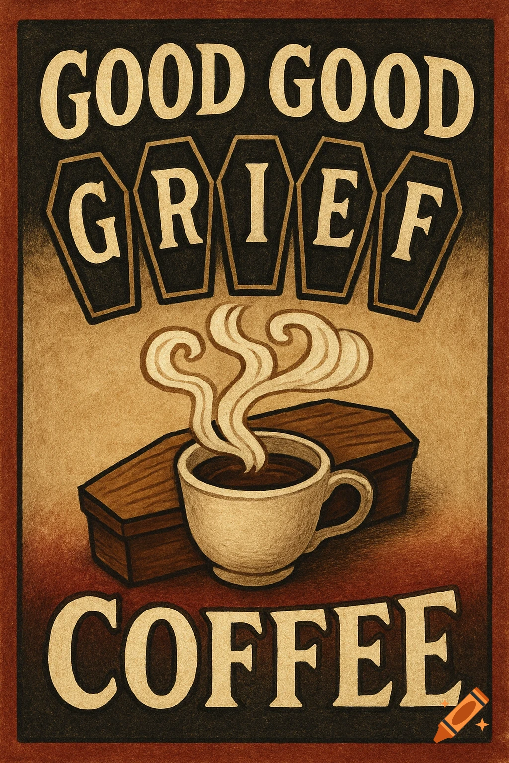 A vintage-style poster with text "GOOD GOOD GRIEF COFFEE". The word GRIEF has letters GRIE in individual coffins, with F next to the last one. A steaming coffee cup sits beside a coffin.