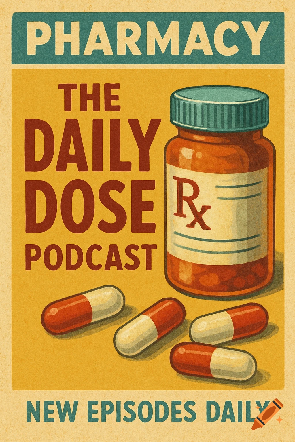 A retro-style poster for "The Daily Dose Podcast" featuring a medicine bottle with an Rx symbol and several pills.