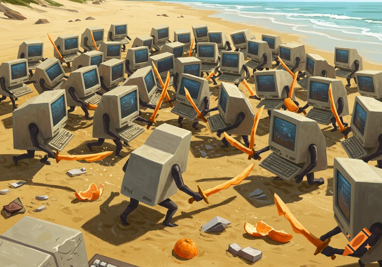 Whimsical illustration of numerous retro computers with arms and legs, holding orange peel swords, engaged in a battle on a sunny sandy beach.