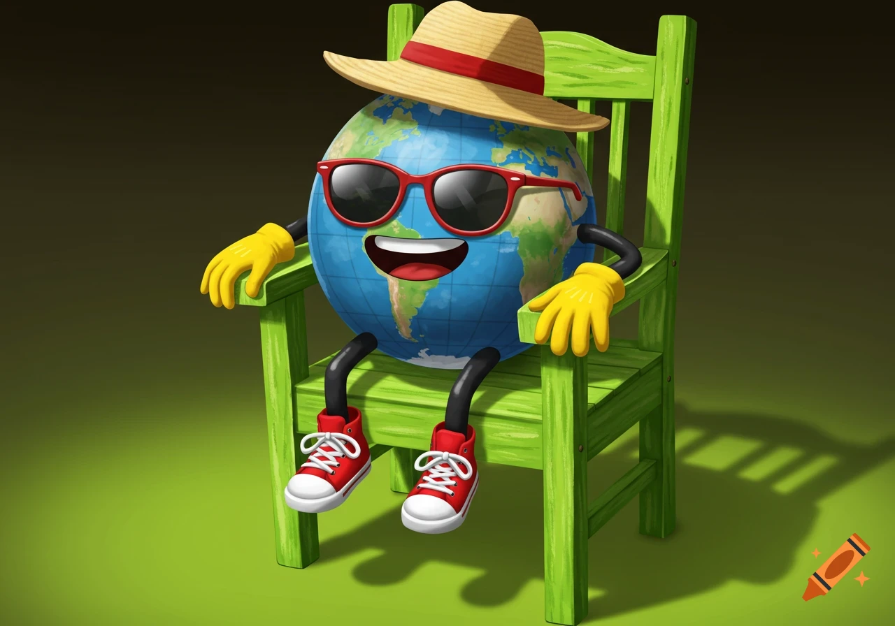 A happy cartoon Earth character wearing sunglasses, a straw hat, yellow gloves, and red trainers sits on a lime green wooden chair.