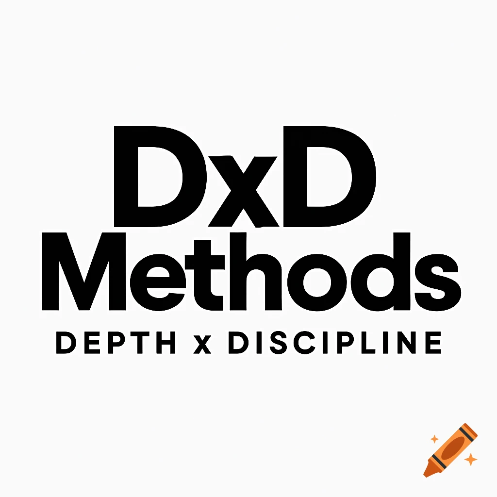 Black text on a white background forming a logo for 'DxD Methods' with the tagline 'DEPTH X DISCIPLINE'.
