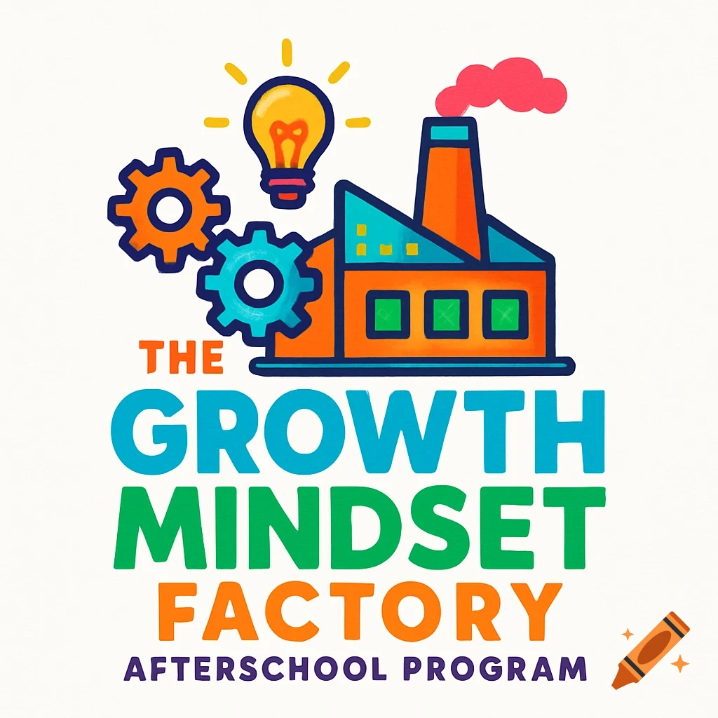 A vibrant logo for 'The Growth Mindset Factory Afterschool Program' featuring a factory building, gears, and a bright lightbulb, all in a cartoon style.