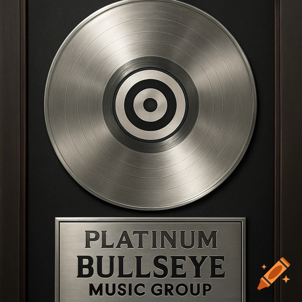 A close-up shot of a platinum record plaque framed in dark wood, with a metallic label reading 'PLATINUM BULLSEYE MUSIC GROUP'.