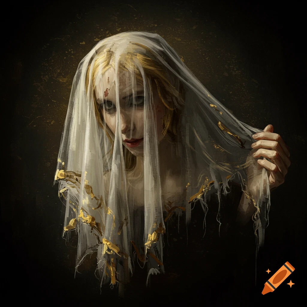 A blonde woman with a somber expression peeks from behind a tattered white veil adorned with gold, against a dark background in a painted style.