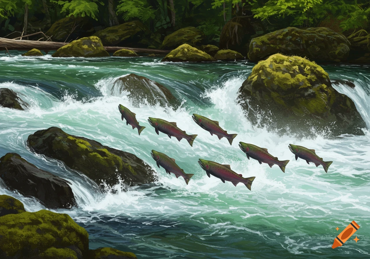 Chinook salmon jumping upstream over rocks in a vibrant green river, surrounded by trees and rocks, in an illustrative style.
