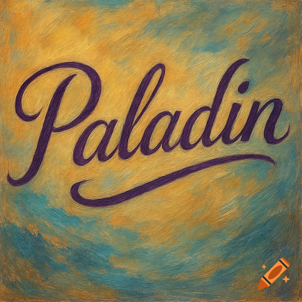 The word "Paladin" in purple cursive script against a textured golden and teal background.
