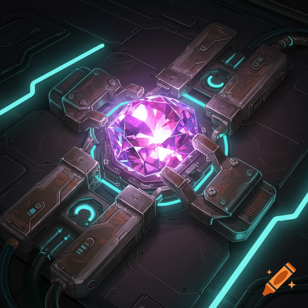 A bright purple gemstone is clamped by industrial robotic arms on a dark, futuristic metal surface with teal glowing lines.