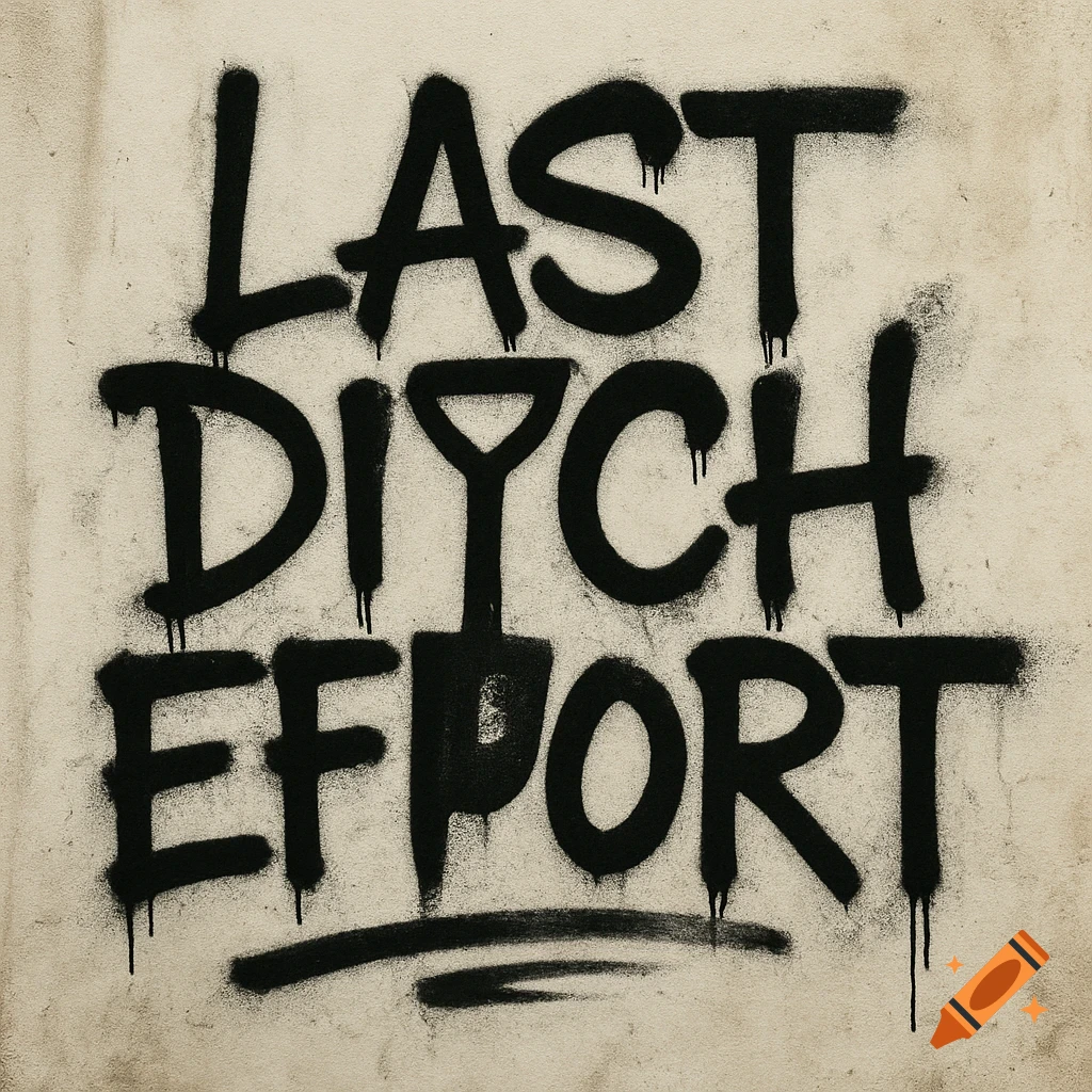 Black graffiti spelling 'Last Ditch Effort' on a beige wall, with the 'i' in 'Ditch' shaped like a shovel.