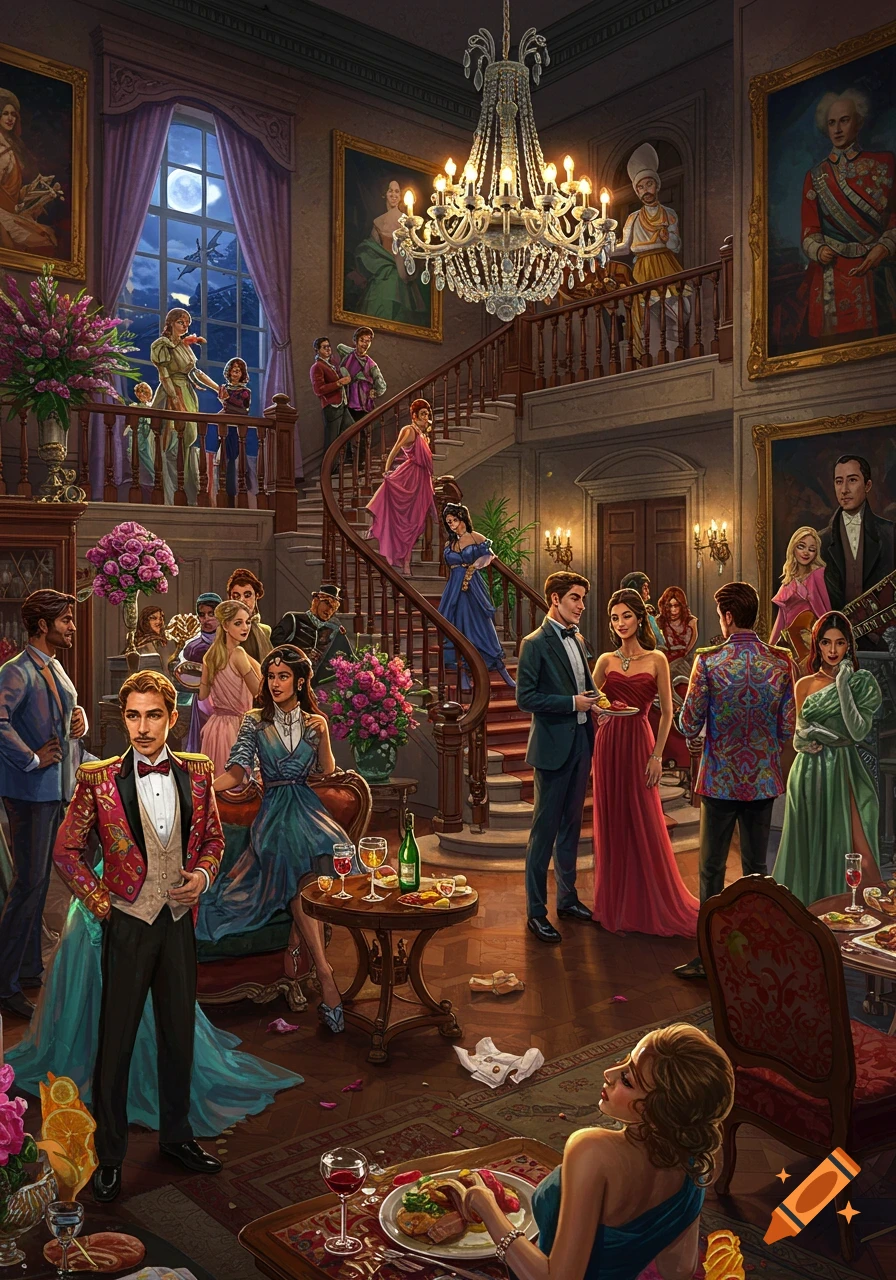 An elaborate illustration of a grand party in a mansion, with many guests in formal attire mingling and ascending a large staircase.