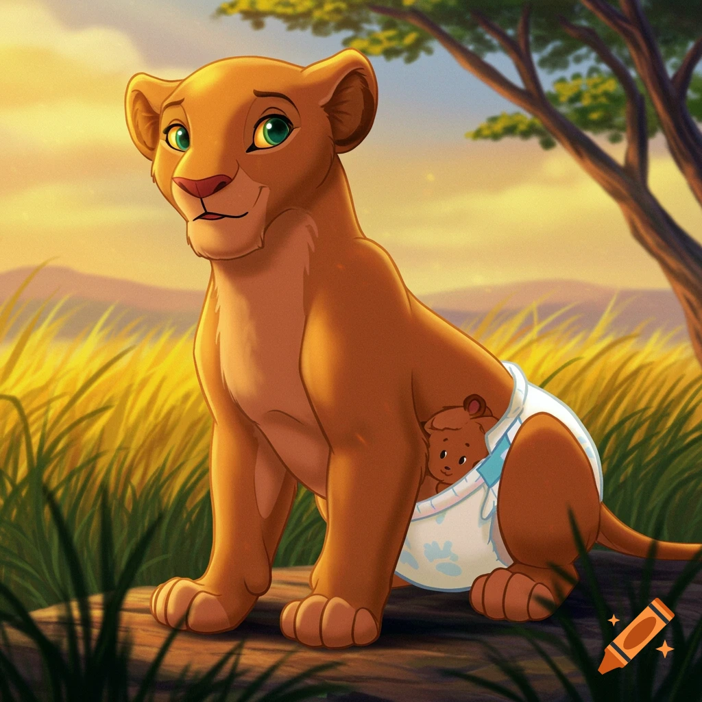Nala, a cartoon lioness, sits on a log in a savanna, wearing a baby diaper with a small brown bear character in it.