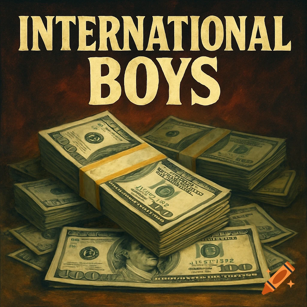 An album cover with the text 'INTERNATIONAL BOYS' in bold gold letters above stacks of hundred-dollar bills. The image has a painterly quality with a dark, reddish-brown background.