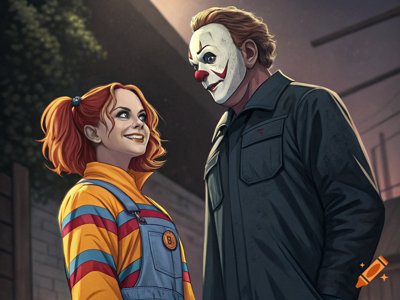 An illustrated image of a woman in pigtails and overalls resembling Chucky looking up at a man in a dark jumpsuit wearing a white, clown-like mask resembling Pennywise.