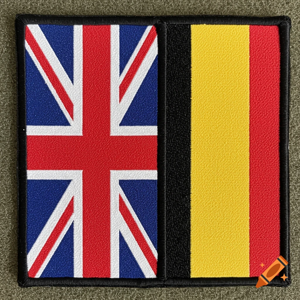 A close-up of a rectangular velcro flag patch, half Union Jack and half Belgian flag.