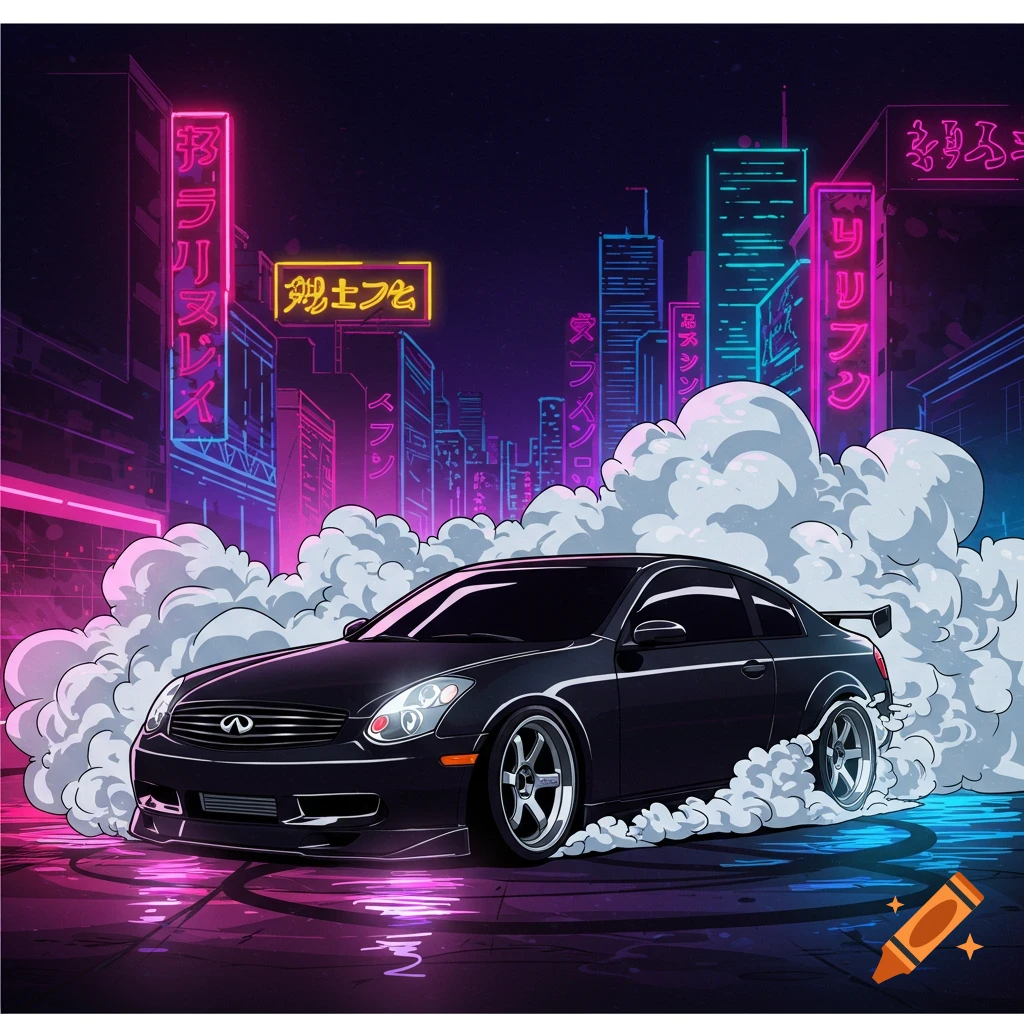 Black Infiniti G35 doing a smoky burnout in a neon-lit city at night, in a cartoon streetwear illustration style.