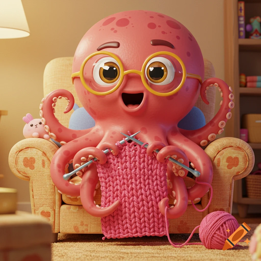 A cheerful, pink cartoon octopus with yellow glasses sits in an armchair, knitting pink yarn. A ball of yarn is on the floor.