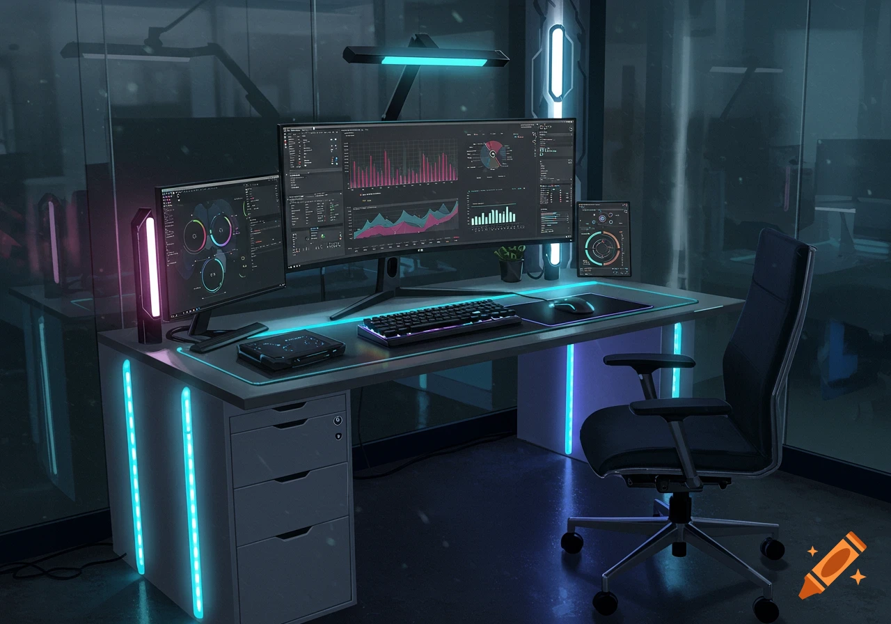 A high-tech workspace with multiple monitors displaying data, illuminated by vibrant blue and pink LED lights. A modern desk and chair are visible.