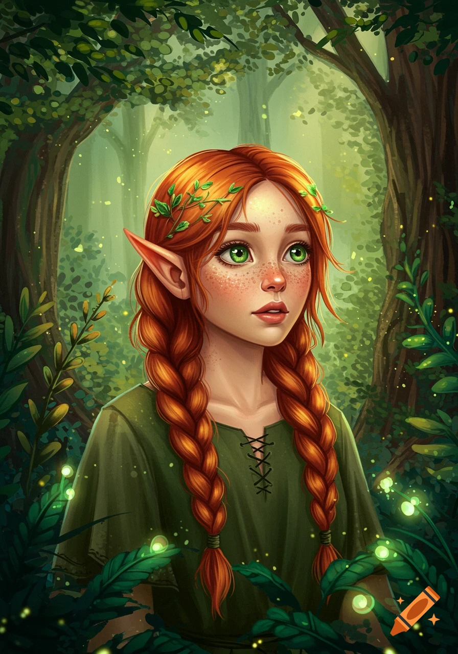 A vibrant digital painting of a young elf girl with red braided hair ...