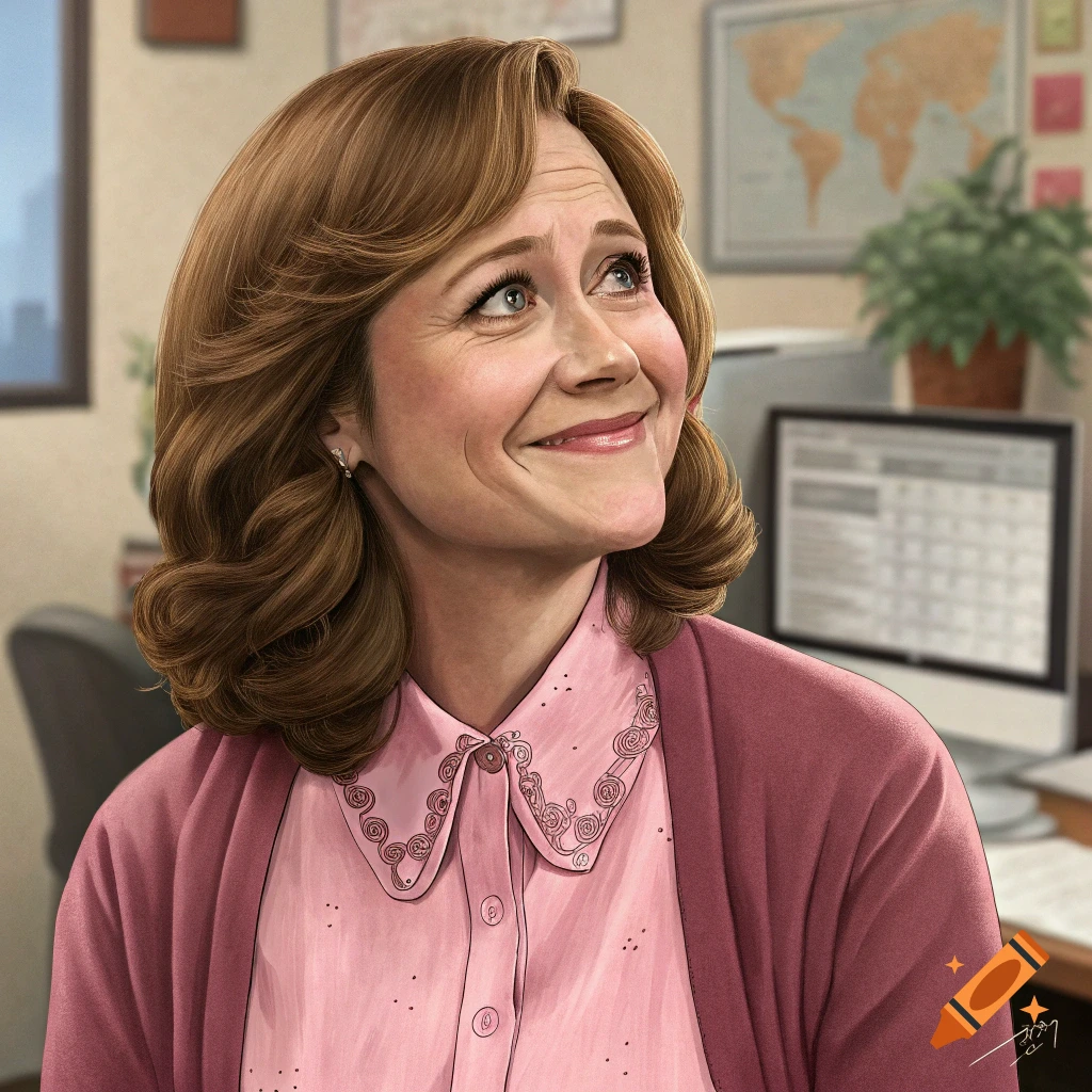 Stylized portrait of Pam Beesly from The Office, a smiling woman with brown hair looking up in an office setting.