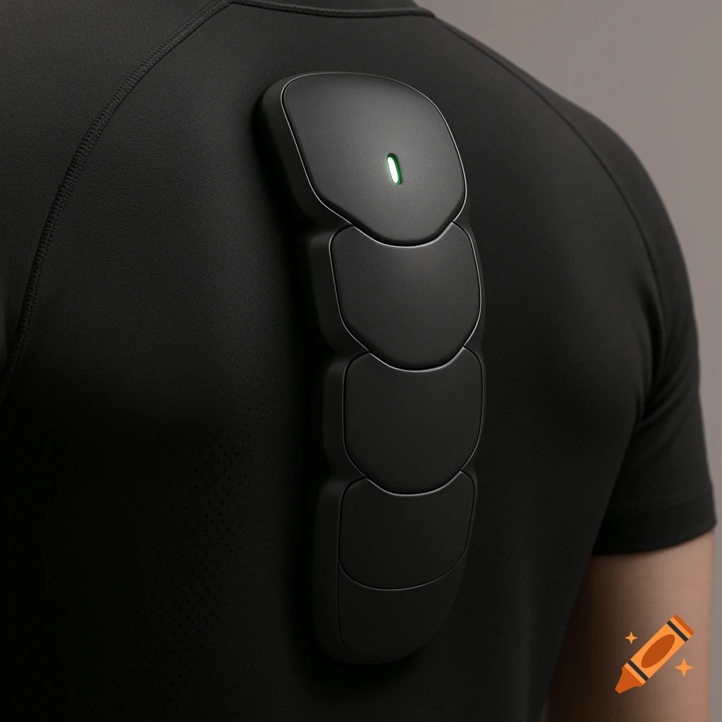 A black, segmented posture monitoring device with a green light on a person's back, wearing a black athletic shirt. Photorealistic.