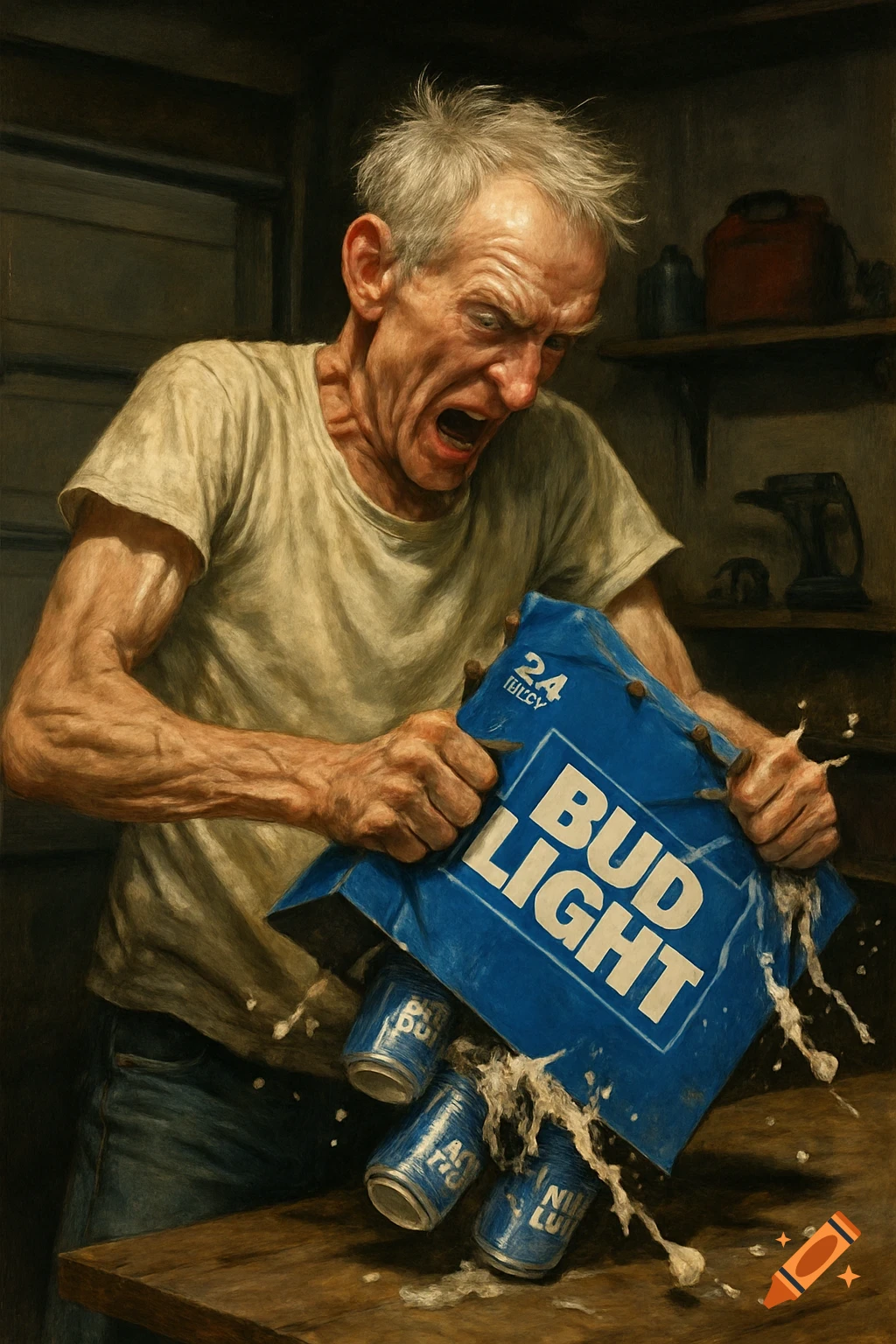 A hyperrealistic painting of an angry, skinny older man with white hair, violently ripping open a blue Bud Light case, spilling cans and liquid onto a wooden table in a rustic room.